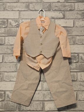 Boys Peach Shirt & Tie with Khaki Vest & Pants Matching Set